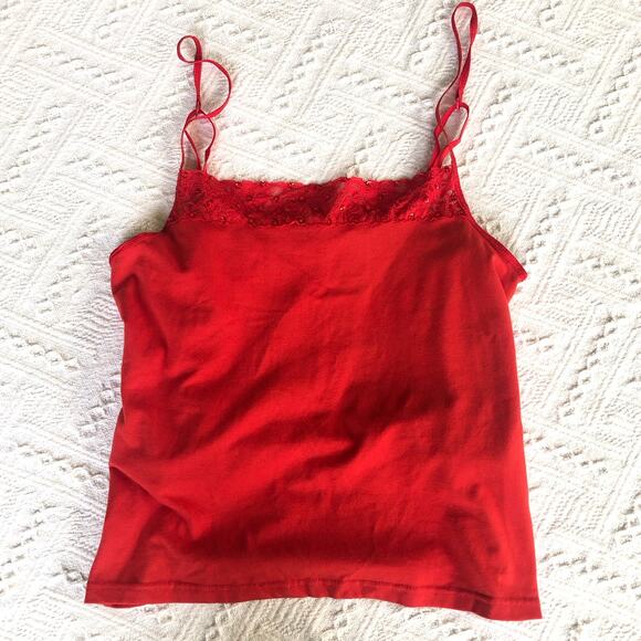 Y2K Lace Trim Tank Top Cami Stephanie Rogers Women’s XL Red Rhinestones Stretch - Picture 1 of 10